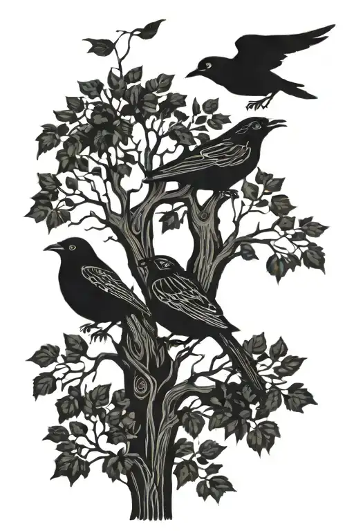 3 Birds In A Tree With Sky And Sun