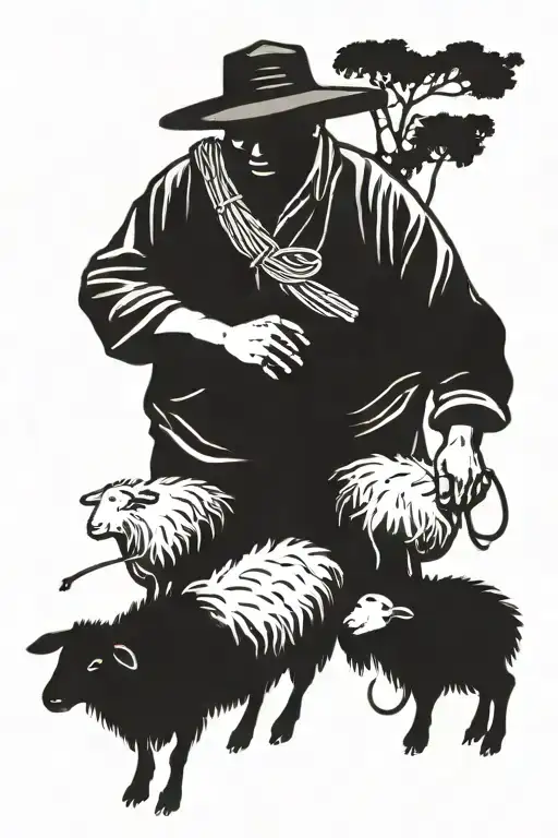 Chinese Farmer With One Black Sheep