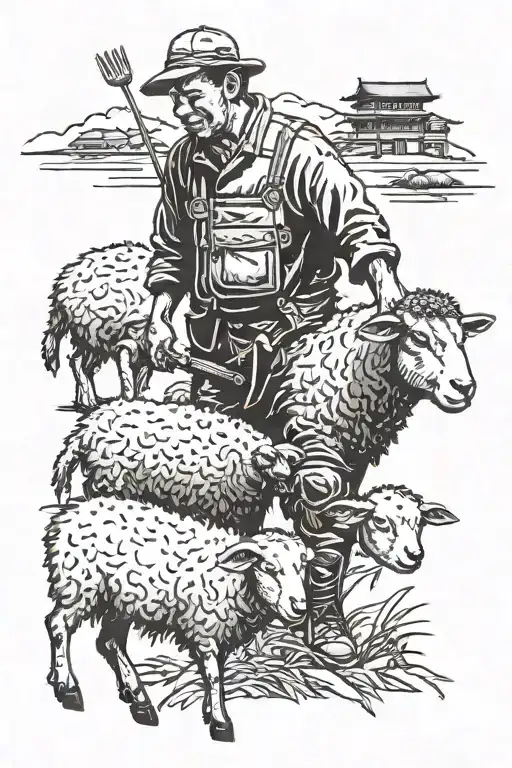 Chinese Farmer With One Black Sheep Infront Of Him