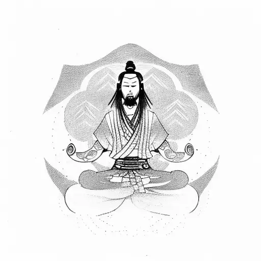A Tattoo Of A Samurai Warrior Meditating In A Serene Natural Landscape