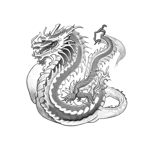 A Dragon Curled Around A Medical Caduceus In A Blackwork Style