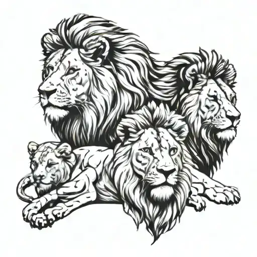 Male Lion With Two Young Lions