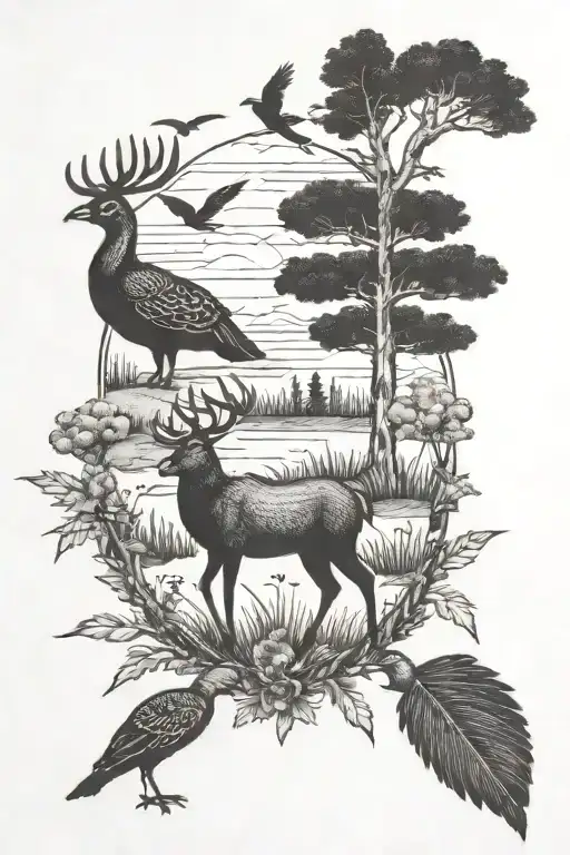 Hunting Scene With Deer Ducks And Turkey