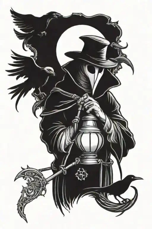 Plague Doctor Holding A Lanter And Scythe With A Raven In The Background