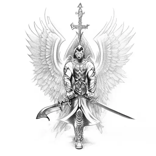 Archangel With Sword Drawn And Two Cherub's At His Very