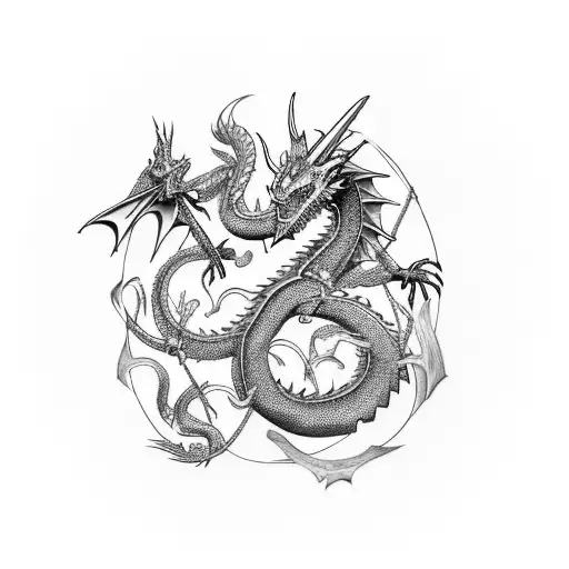 Two Dragons And A Sword In The Middle Of The Dragons