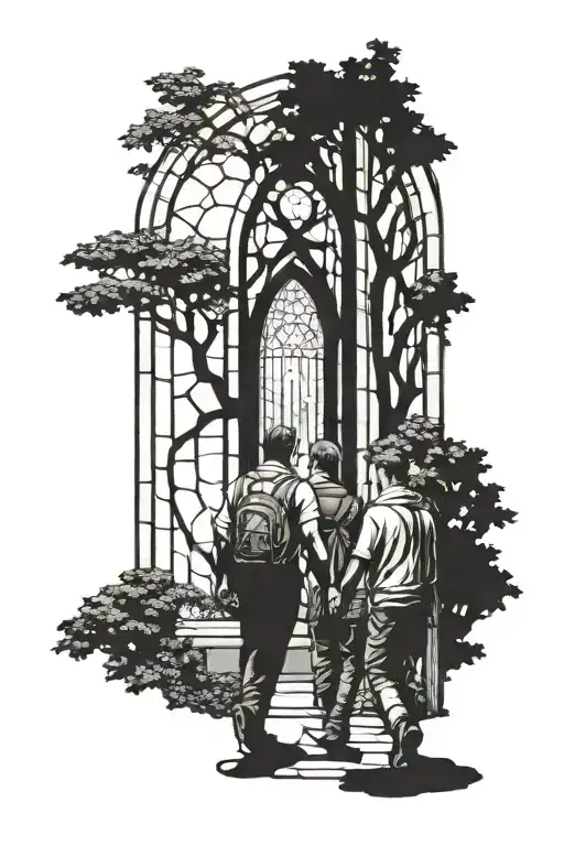 Cathedral Window Two Guys Walking Through Forest Stained Glass