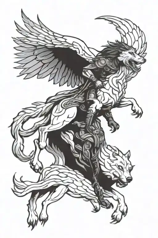 An Archangel Riding A Ferocious Beast Like A Wolf