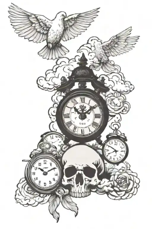 Cloud Background With A Dove And 2 Clocks And A Skull