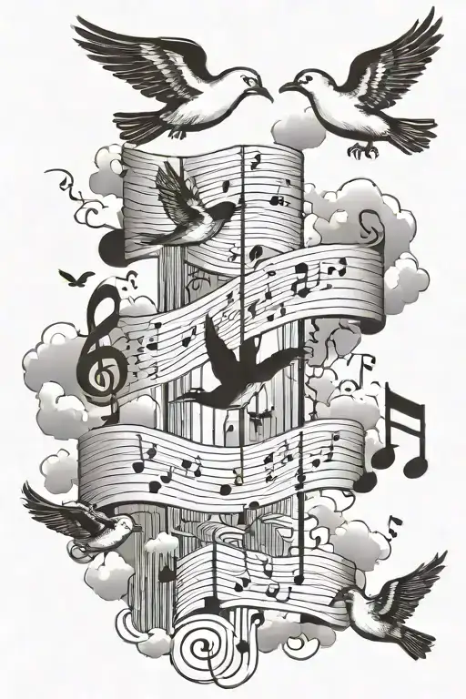 A Surreal Composition Of Music Notes Intertwining With Clouds And Doves