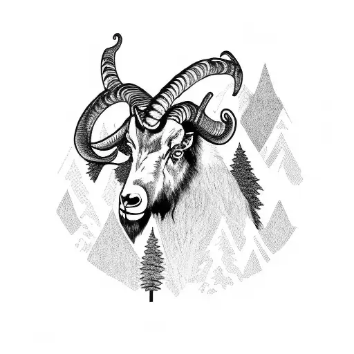 Mean Ferral Big Horn Goat With A Forest As Background
