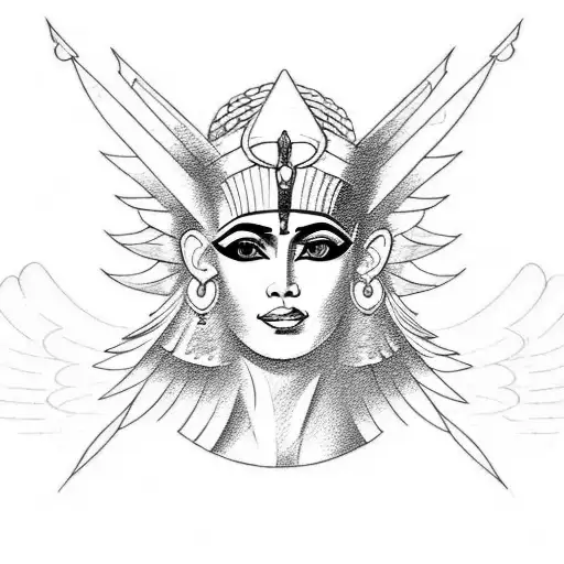 A Sketch-style Tattoo Of The Egyptian Goddess Isis Surrounded By Elements Of Nature And Spirituality