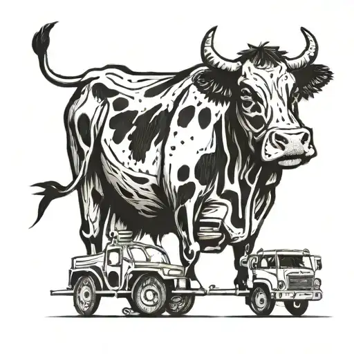 An Abstract Blackwork Tattoo Of A Cow And A Truck Merging Together In A Unique And Artistic Way