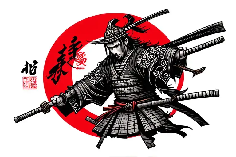 Samurai Against The Background Of A Red Circle With The Inscription