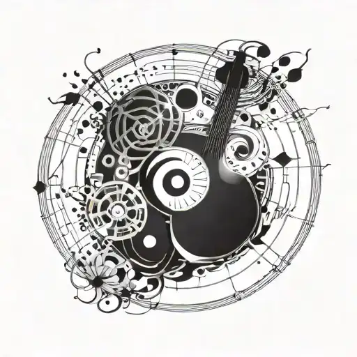 Yin Yang Symbol Incorporating Musical Elements In The White And Technological Elements In The Black