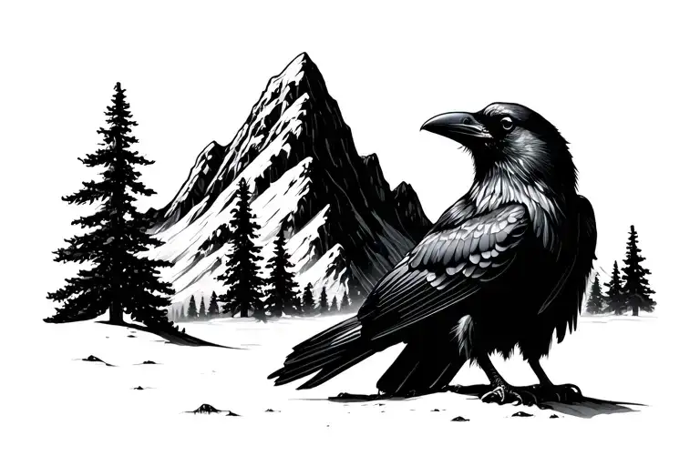 Mountain And Treeline With A Raven Sitting