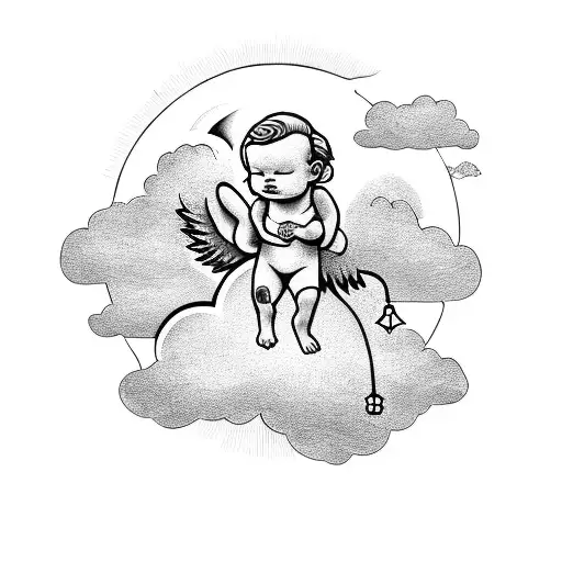 Baby Angel Sleeping Above The Cloud In Front Of The Big Sun