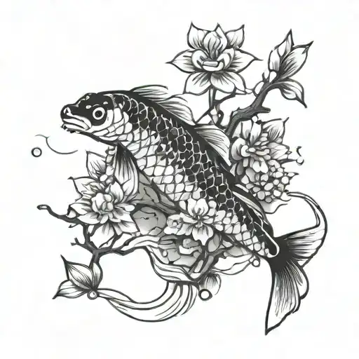 Sakura Tree With Koi Fish Swimming