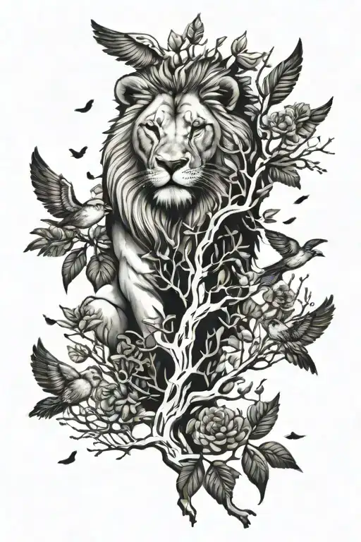Trees Nature Lover Small Lion Face With Birds Flying
