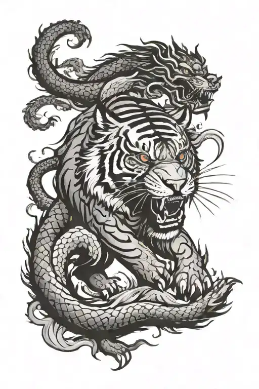 Tiger In Battle With A Chinese Dragon Flying