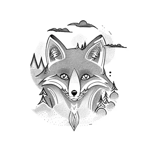 The Word Fox With A Mountain And Clouds Behind It