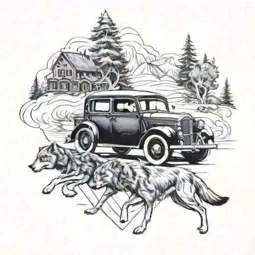A Detailed Blackwork Tattoo Of A Vintage Car Being Hunted By A Pack Of Wolves