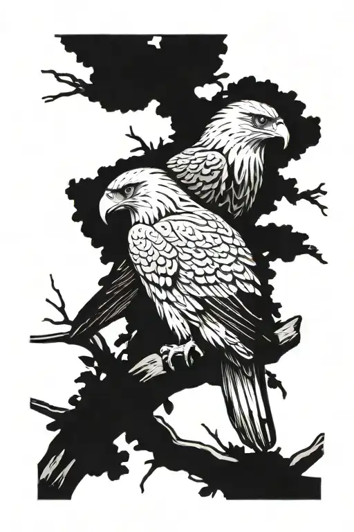 Hawk And Eagle Perched On Tree Branch