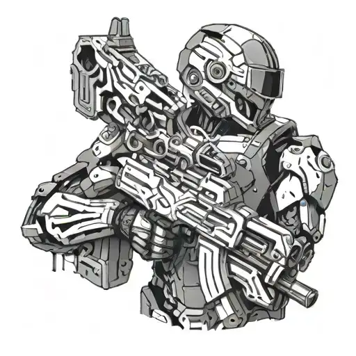 A Futuristic Cyborg Soldier With Intricate Gun Designs Integrated Into Their Armor