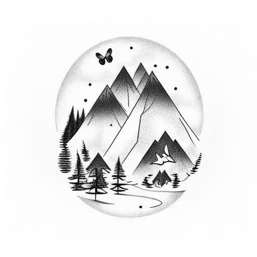 Sunset And Mountain And Trees And A Dog And 2 People And Butterflies