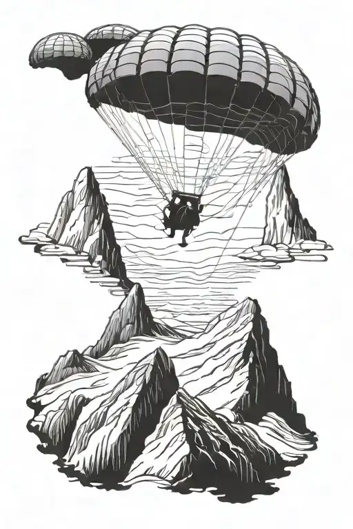 Mountain Landscape With A Silhouette Of A Paratrooper Descending From The Sky