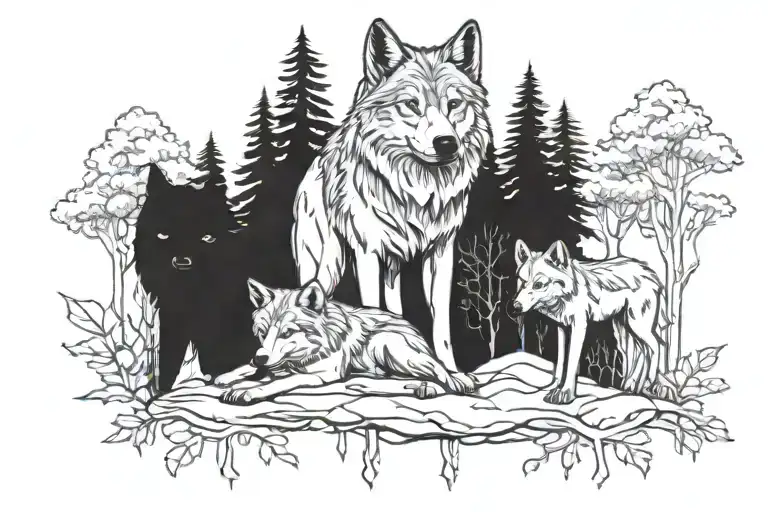 2 Wolfes And One Baby Wolf Surrounded By Forest