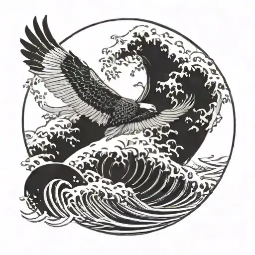 Phoneix Outstretched Wings Below The Circle Consisting Of Hokusai Waves Painting