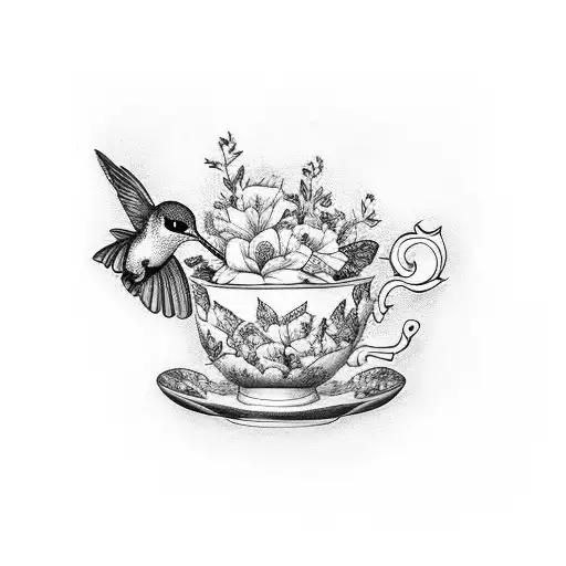 Hummingbird Sitting On A Floral Teacup