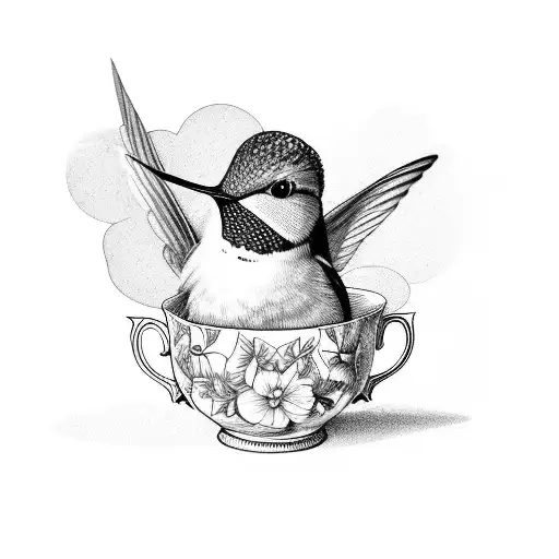 Hummingbird Sitting On A Teacup That Has A Skull Painted On The Cup