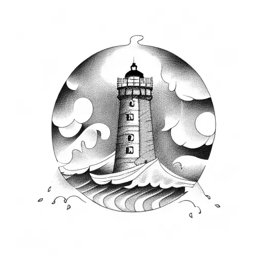 A Blackwork Tattoo Of A Haunted Lighthouse Surrounded By Stormy Waves