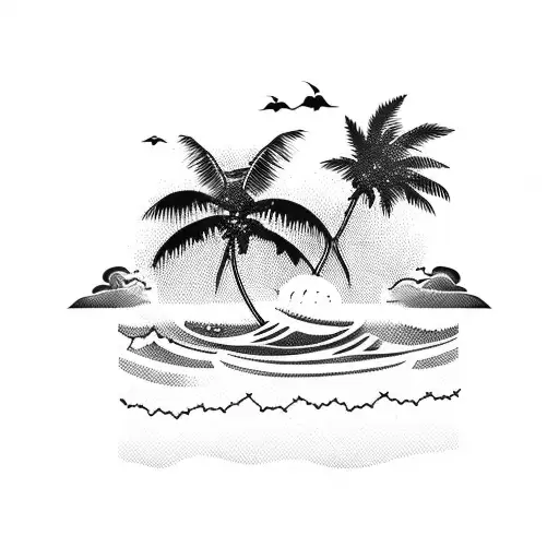 A Silhouette Of A Beach Sunset With Palm Trees And Waves