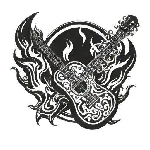 A Microphone And Guitar Intertwined With Flames