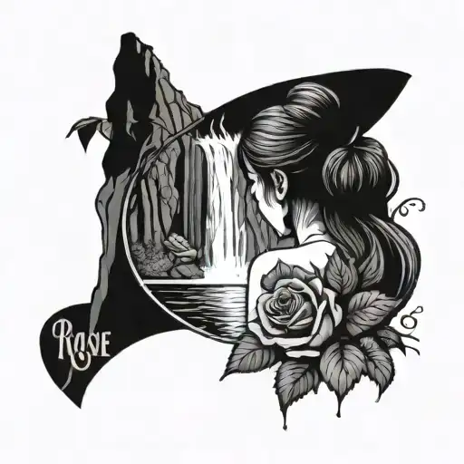 Woman By Waterfall Looking At A Rose