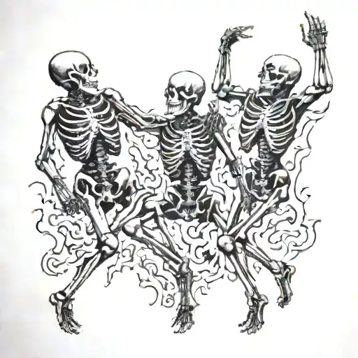 5 Or 4 Full Body Skeletons Dancing Hand In Hand Around Fire