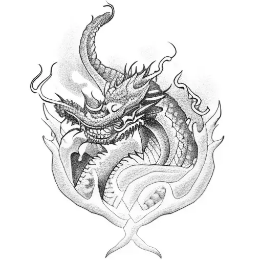 A Dotwork Tattoo Of A Dragon And Tom Shelby Sharing A Joint