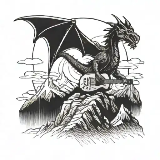 A Dragon Playing A Guitar On Top Of A Mountain Peak