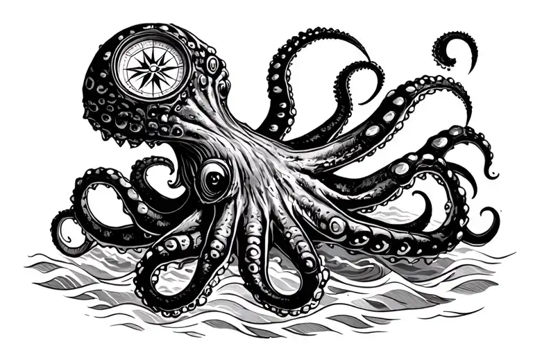 Mean Kracken Octopus In Ocean With Small Nautical Compass With Waves