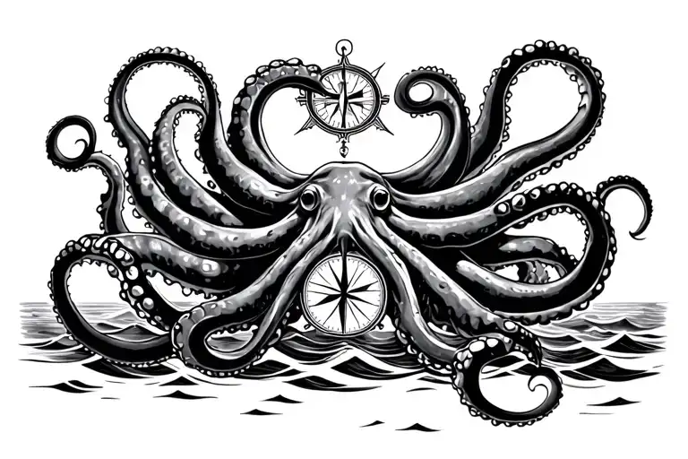 Mean Kracken Octopus In Ocean With Nautical Compass In Middle With Waves