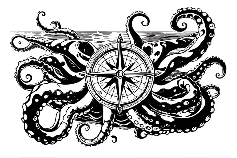 Mean Kracken Octopus In Ocean With Nautical Compass In Middle With Waves