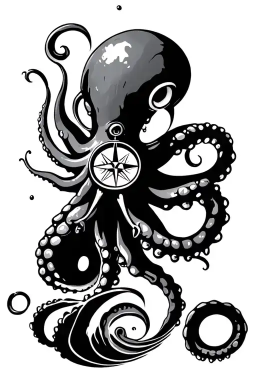 Mean Kracken Octopus In Ocean With Nautical Compass In Middle With Waves