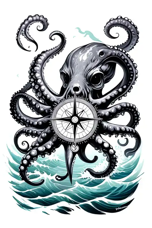 Mean Kracken Octopus In Ocean With Nautical Compass In Middle With Waves
