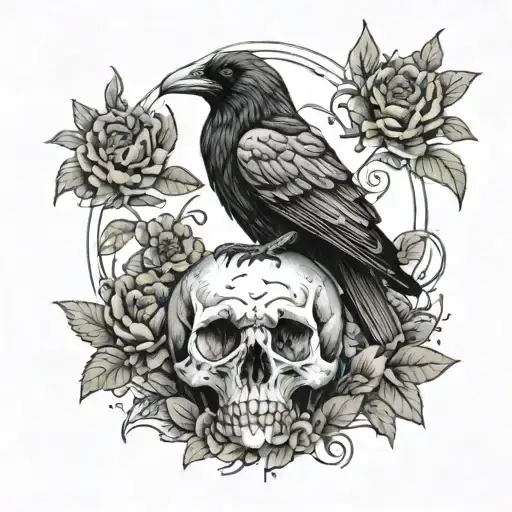 A Gothic-inspired Tattoo Design Featuring A Raven Perched On A Skull Surrounded By Flowers