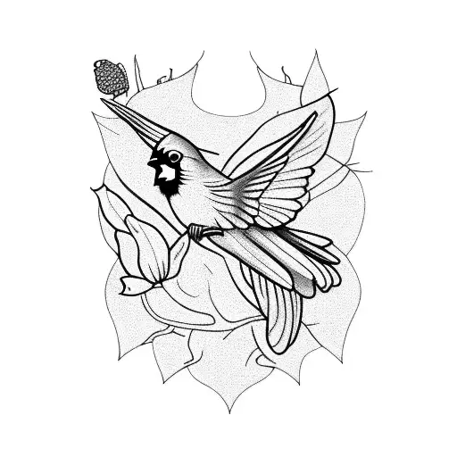 Cardinal And A Hummingbird With A Pecan Tree And Mushrooms At The Bottom Of The Pecan Tree