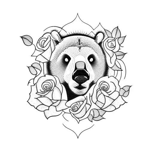 A Blackwork Tattoo Of A Dancing Bear Surrounded By Roses