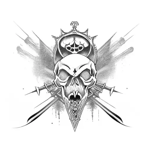 Skull With Many Swords In Mouth